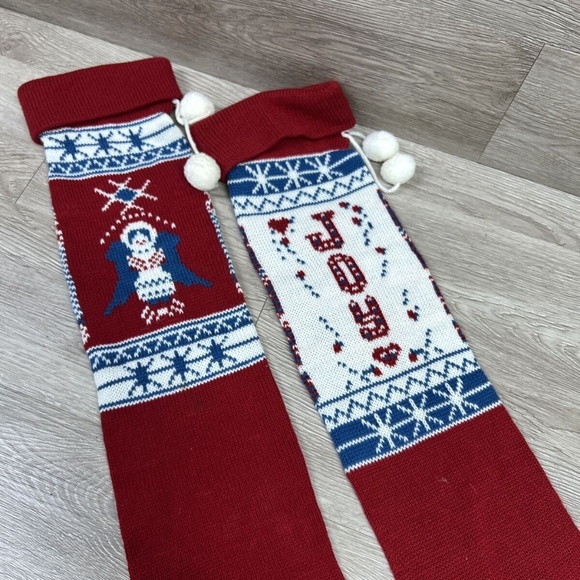 Two Red White Blue Christmas STOCKING Knitted Angels Joy Long Cute! - Picture 5 of 11